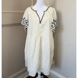 NWT Old Navy Women's Cream and Black Embroidered Mini Swing Dress Size L Cotton